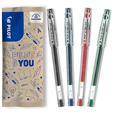 Afbeelding van Pilot G Tec C4 gel roller pen, 4 stuks, zwart, blauw, rood, groen, fijne punt