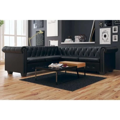 Afbeelding van Hoekbank 5 zits Chesterfield stijl kunstleer zwart