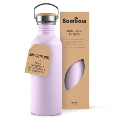 Afbeelding van Bambaw® Waterfles 750 ml Enkelwandige drinkfles RVS Niet Geïsoleerd Lekvrij, en Plasticvrij met Bamboe Dop Drinkbus Volwassenen Perfect voor Reizen, Werk, Yoga, Wandelen Dagelijks Gebruik Drinkflessen violet