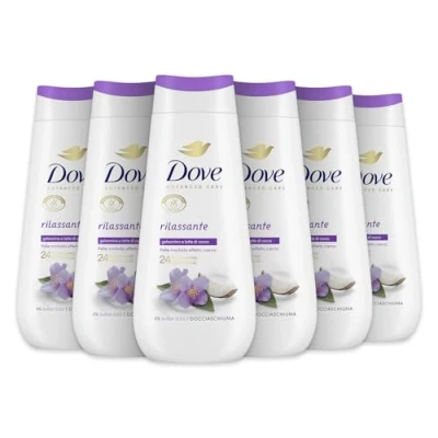 Image de Dove bain moussant relaxant, douche hydratant, formule délicate sur le microbiome de la peau, avec agents hydratants végétaux, sans sulfates SLES, homme et femme, 6 pièces 225 ml