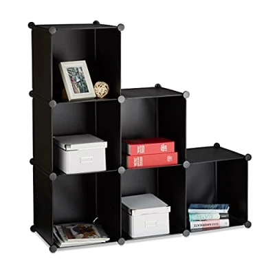 Afbeelding van Relaxdays vakkenkast 6 vakken boekenkast kunststof open kast schoenenrek speelgoed zwart
