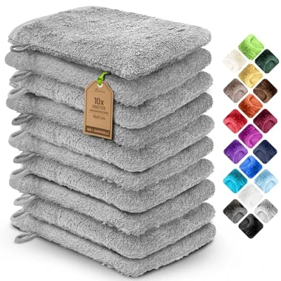 Image de NatureMark 10x Gants de Toilette en Frotte 100% Coton Doux et Résistants, Idéal pour le Soin Quotidien les Invités Argenté, 15x21 cm