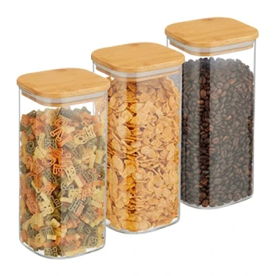 Afbeelding van Relaxdays voorraadpot met bamboe deksel, set van 3, 1500 ml, vierkante bewaarpot, glas, luchtdicht, transparant/natuur