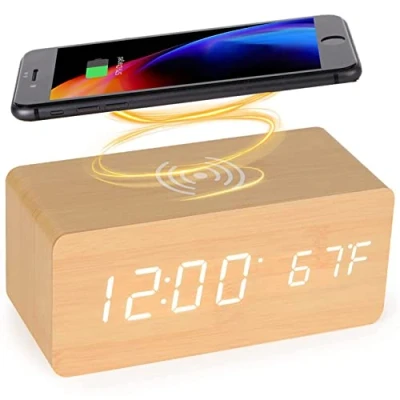 Afbeelding van LySuyeo digitale wekker van hout met draadloos laadstation, draadloze snellader voor iPhone/Samsung Galaxy, zonder tikken, slaapkamer (bamboe)