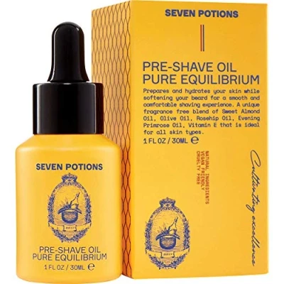 Afbeelding van Seven Potions Pre Shave Olie voor Mannen — Ideaal de Gevoelige Huid, Voorkomt Irritatie, Vermindert Wondjes &amp; Sneetjes, Bevochtigd en Beschermt je Gezicht Natuurlijk, Vegan, Diervriendelijk (30ml)