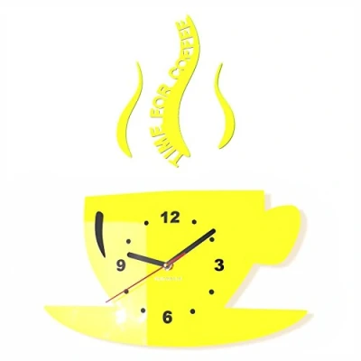 Afbeelding van Mok Time for Coffee (tijd voor koffie) moderne keuken wandklok, citroengeel, 3D romis, wandklok decoratie