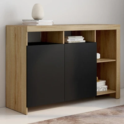 Image de Buffet 110 cm MALO bois façon hêtre et portes noires IDMarket