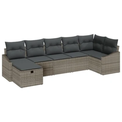 Afbeelding van vidaXL 7 delige tuinsofa set met kussens grijs poly rattan