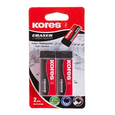 Afbeelding van Kores KE 20: Gum van zwart pvc met papieren zak voor kinderen, studenten en volwassenen, niet giftig geschikt school kantoorbenodigdheden, 60 x 21 10 mm, 2 stuks