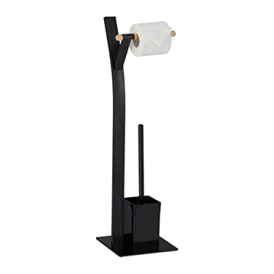 Afbeelding van Relaxdays toiletaccessoires set zwart toiletrolhouder staand toiletborstelhouder