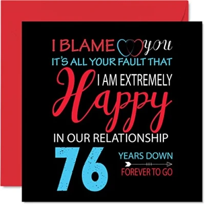 Afbeelding van Grappige kaart voor de 76e verjaardag echtgenoot en echtgenote Your Fault I&#039;m Extremely Happy wenskaart trouwdag partner, 145 mm x zeven