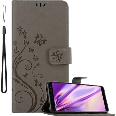 Afbeelding van Cadorabo Hoesje geschikt voor Samsung Galaxy A8 2018 in BLOEMEN GRIJS Beschermhoes bloemmotief met magnetische sluiting, standfunctie en kaartsleuven Book Case Cover Etui
