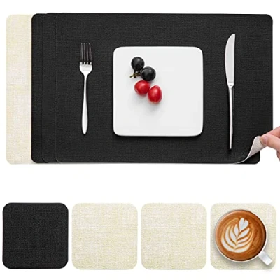 Afbeelding van placemats Wasbaar leer en onderzetters, dubbelzijdige set van 4 Antislip Leren kunstleren (crèmewit zwart, 4)