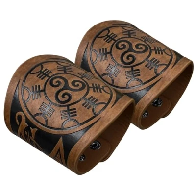 Afbeelding van HiiFeuer Set van 2 Viking manchetarmbanden kunstleer met Scandinavisch retro patroon, Mjolnir Vegvisir, Kunstleer, Zonder edelsteen