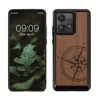 Afbeelding van kwmobile telefoonhoesje geschikt voorMotorola Edge 40 Neo Hoesje met bumper walnoothout In donkerbruin Vintage Kompas design
