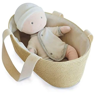 Afbeelding van Jolijou Doekpop met mandje stoffen pop afneembare body 28 cm wit/grijs mijn eerste DC3626