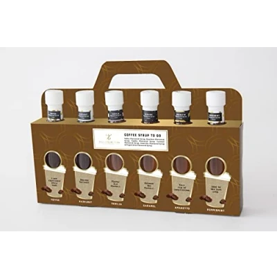 Image de Lot de 6 sirops à café pour boissons au café, aromatisés vanille, caramel, noisette, amaretto et menthe poivrée, sirop chocolat chaud,