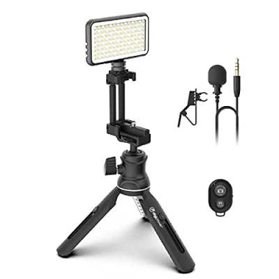 Afbeelding van DigiPower Professionele Video/ Vlog kit &quot;The Instructor&quot; DP VLX100 Smartphone/ Camera 112 LED Light met filter Tie clip microfoon Tripod statief Bluetooth remote control