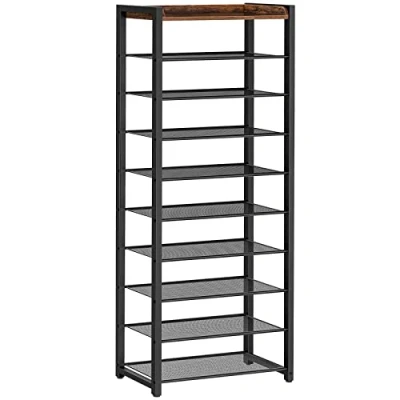 Afbeelding van Schoenenrek met 10 niveaus, smal schoenenrek, voor 18 25 paar schoenen, ruimtebesparend, ingang, hal, woonkamer, donkerbruin zwart