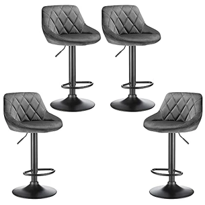 Afbeelding van Drumm Set van 4 barkrukken fluweel, in hoogte verstelbare keukenstoelen, hoge stoel met rugleuning en voetensteun, 360 draaibaar, ultrastil (Diepgrijs, 4)