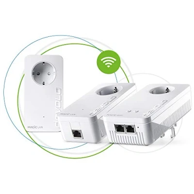 Afbeelding van devolo 8711 Magic 1 1200 Wifi AC Gaming Kit dLAN 2.0: Ideaal voor gaming, 3 Powerline adapters betrouwbare WLAN eenvoudig via stroomkabel door muren en plafond, wit