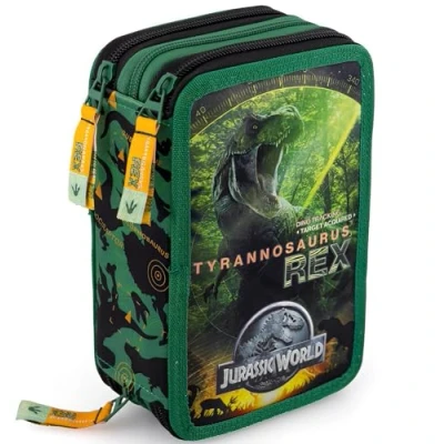 Afbeelding van Clondo Drievoudig gevulde etui voor kinderen, 45 schoolaccessoires, 3 ritssluitingen, georganiseerde vakken, kleurpotloden, viltstiften, lijm, schaar, meisjes en jongens, Jurassic World 24,