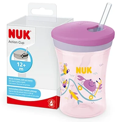 Afbeelding van NUK Action Cup beker voor kinderen, 12 maanden, zacht rietje met vlechtsluiting, lekvrij en wasbaar, BPA vrij, 230 ml, paarse krabben