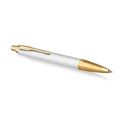 Image de Parker IM stylo bille Laqué perle Premium avec attributs dorés Pointe moyenne recharge d’encre bleue Coffret cadeau