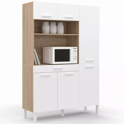 Afbeelding van Buffet de cuisine avec colonne rangement 120 CM CINA 6 portes + tiroir façon hêtre et blanc