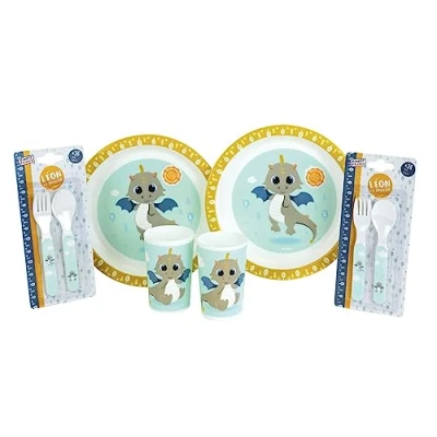 Afbeelding van Leon Le Dragon kinderserviesset met 2 glazen van 220 ml, bestekset, hoogte 13,5 cm en borden Ø 22