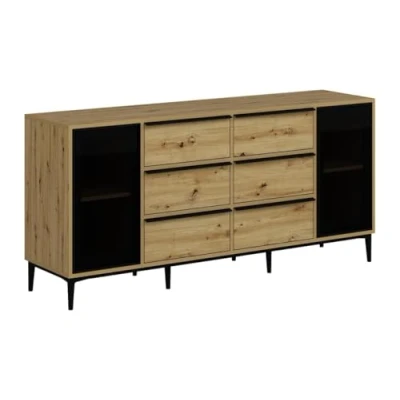 Afbeelding van Vente unique Buffetkast met 2 deuren van gehard glas en 6 lades Naturel zwart MOLINIA L 180 cm x H 85 D 45