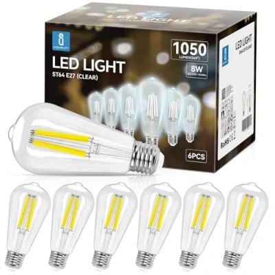 Afbeelding van Aigostar ledlamp E27, koudwit, 6500 K, 1050 lm, 8 W, komt overeen met gloeilamp 75 retro ST64, niet dimbaar, 6 stuks