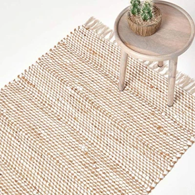 Afbeelding van Tape Horizon, handgeweven van 100% hennep, 120 x 170 cm, patchtape met visgraatpatroon en franjes, crème naturel