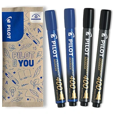 Afbeelding van Pilot Verpakking met 4 SCA 400 Permanent marker voor alle ondergronden Zeer dekkende en duurzame inkt 2 zwart, blauw Permanente afgeschuinde punt 4,5 mm