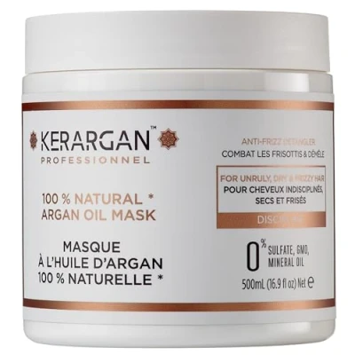 Image de Kerargan Masque Disciplinant à l&#039;Huile d&#039;Argan pour Cheveux Indisciplinés, Secs et Frisés Nourrit, Combat les Frisottis, Démêlant Sans Sulfate, GMO, Huile Minérale 500ml