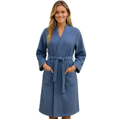 Afbeelding van Morgenstern Kamerjas voor dames, licht, honingraat, 100% katoen, Blauw