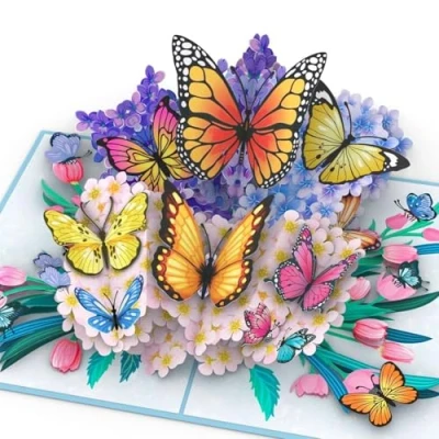 Afbeelding van papercrush® pop up kaart vlinders op bloemen 3D verjaardagskaart voor vrouw, vriendin en moeder (goed herstel, geldcadeau, bruiloft, ik denk aan jou) wenskaart