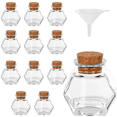 Afbeelding van Belle Vous 12 Pak Glazen Hexagoon vorm Potten met Kurken Doppen 45 50 ml Mini Mason Luchtdicht Opslag Flessen &amp; Trechter voor Huwelijksgeschenken, Keuken Specerijen en Jam
