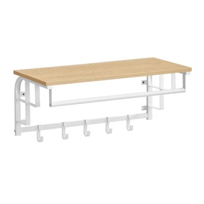 Afbeelding van VASAGLE LCR012N01 Wandkapstok met 5 afneembare haken, zwevend rek ophangrail, voor hal, slaapkamer, woonkamer, eiken goud en wolkenwit