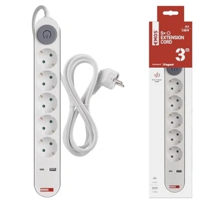 Afbeelding van EMOS 5 voudige stekkerdoos met snel opladen USB schakelaar voor binnen, geschikt wandmontage, stopcontacten, 1 C, A, 3 m kabel, wit/grijs
