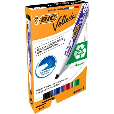 Afbeelding van Viltstift Bic Velleda 1751 whiteboard schuin large assorti set à 4 stuks