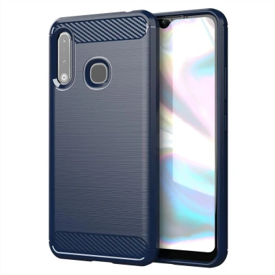 Afbeelding van Cadorabo Hoesje geschikt voor Samsung Galaxy A70e in BRUSHED BLAUW Beschermhoes van flexibel TPU siliconen roestvrij staal carbonvezel look Case Cover