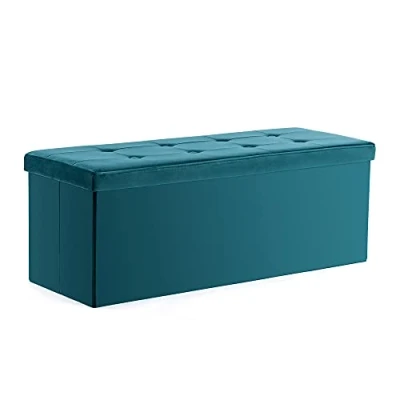 Afbeelding van HNNHOME 110 x 40 cm fluwelen poeff opvouwbare opslag Ottomaanse voetenbank doos speelgoedkist met deksel, voetkruk stoel voor woonkamer, slaapkamer (groenblauw, extralarge)