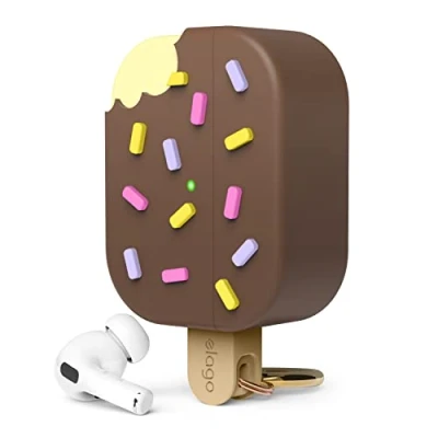 Afbeelding van elago IJshoes compatibel met AirPods Pro 2 beschermhoes 2e generatie hoes, inclusief karabijnhaak, ondersteunt draadloos opladen, volledige bescherming (chocolade)