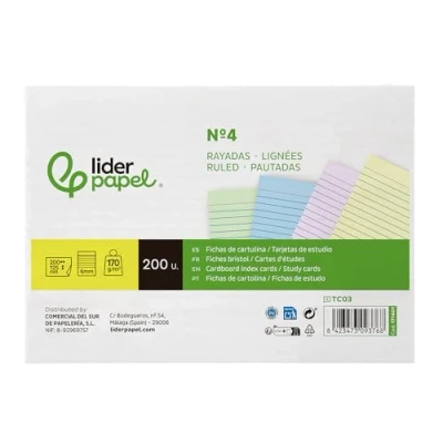 Afbeelding van Set van 200 Liderpapel indexkaarten om te studeren, gestreept, 170 g/m², 100 x 150 mm.