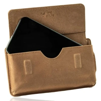 Afbeelding van MATADOR Universele riemhoes van echt leer voor mobiele telefoons tot 6,9 inch met horizontale magneetsluiting geschenkdoos (lichtbruin)