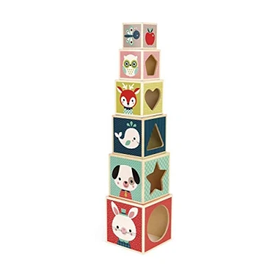 Afbeelding van Janod Baby Forest Houten Stapeltoren 6 Blokken Piramide Met Schattige Illustraties Geschikt Vanaf 1 Jaar