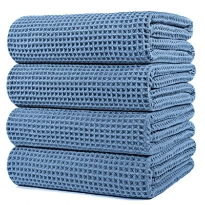 Afbeelding van Polyte Microvezel badhanddoek Pluisvrij en sneldrogend wafelstructuur Extra groot Blauw 152 x 76 cm Set van 4
