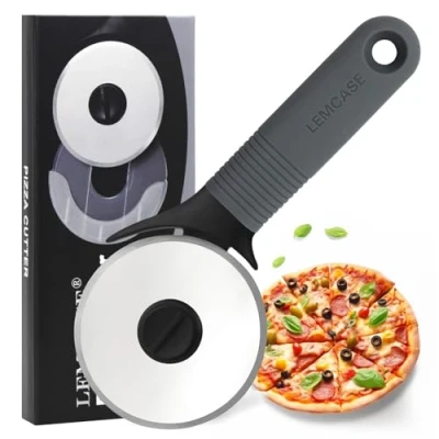 Afbeelding van LEMCASE pizzasnijder pizzasnijder, met siliconen handvat en roestvrijstalen messen beschermdeksel, grijs