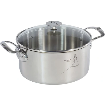 Afbeelding van De Buyer Kookpan van roestvrij staal MILADY met glazen deksel 24 cm Gemaakt in Frankrijk, PFAS vrij, krachtig en robuust, sandwichbodem, alle warmtebronnen + oven, hoogglans gepolijst oppervlak